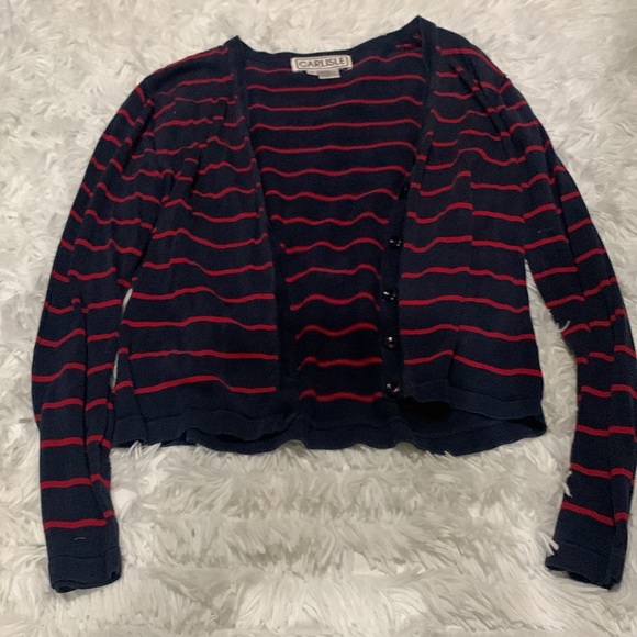 Carlisle Red/Blue 100% Knit Silk Mock-Neck Cardigan Set - Picture 4 of 6